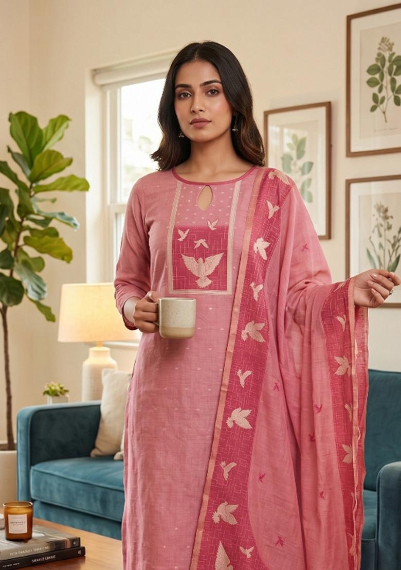 Pink Jamdani Cotton Kurta Set - Indya