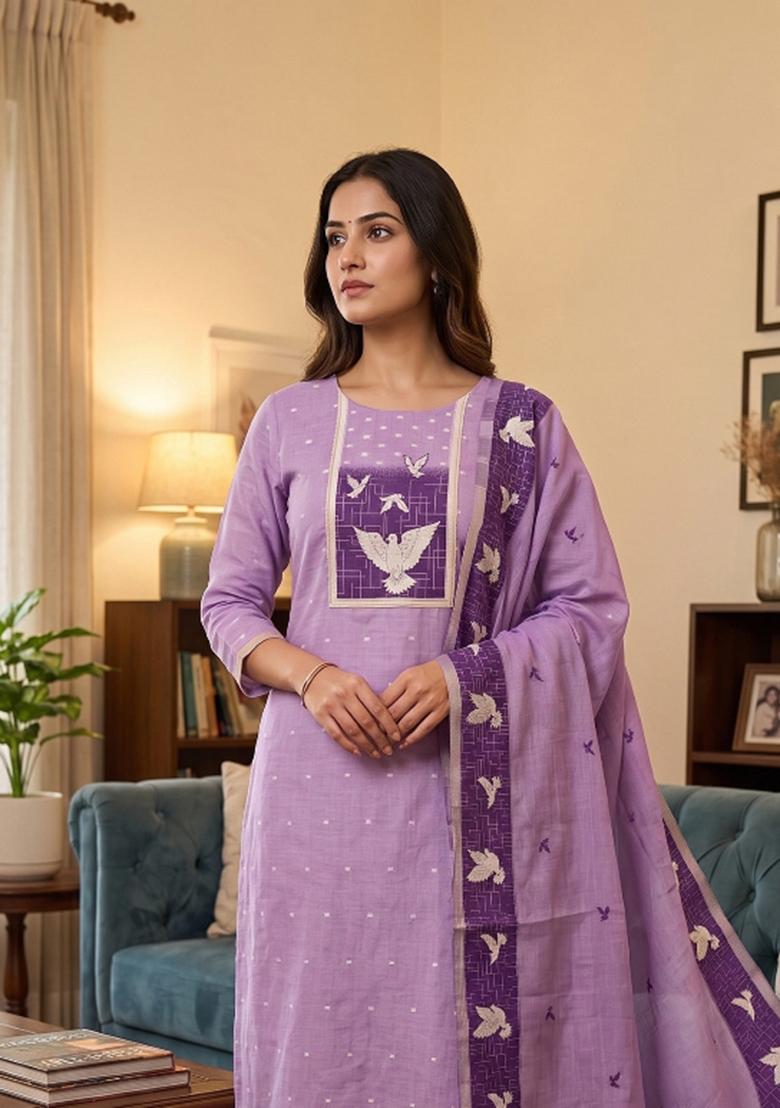 Purple Jamdani Cotton Kurta Set - Indya
