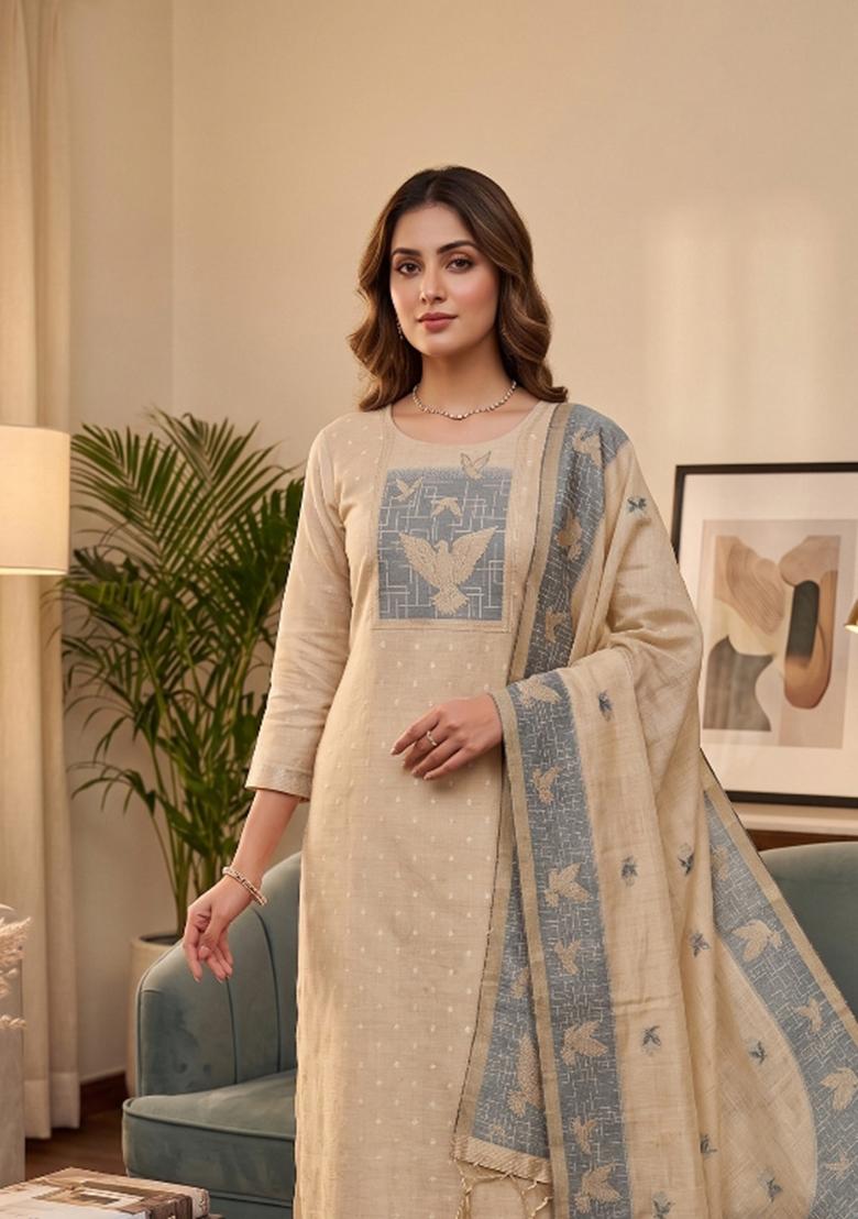 White Jamdani Cotton Kurta Set - Indya