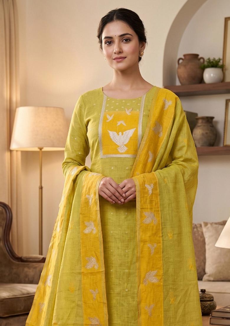 Yellow Jamdani Cotton Kurta Set - Indya