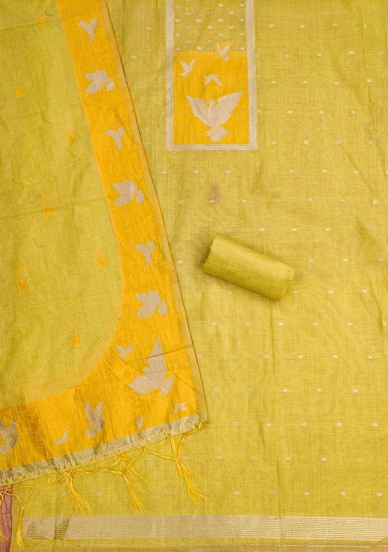 Yellow Jamdani Cotton Kurta Set - Indya