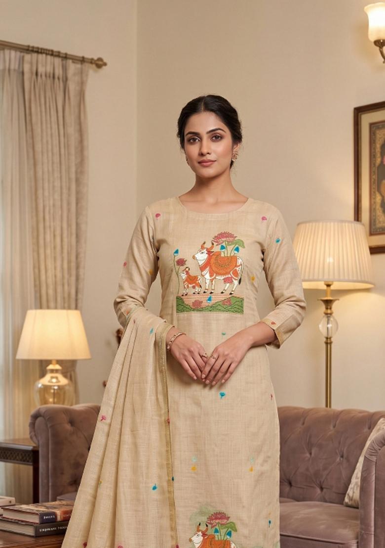 Cream Jamdani Cotton Kurta Set - Indya