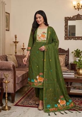 Mehendi Jamdani Cotton Kurta Set