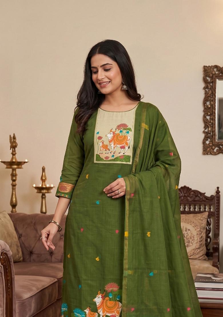 Mehendi Jamdani Cotton Kurta Set - Indya