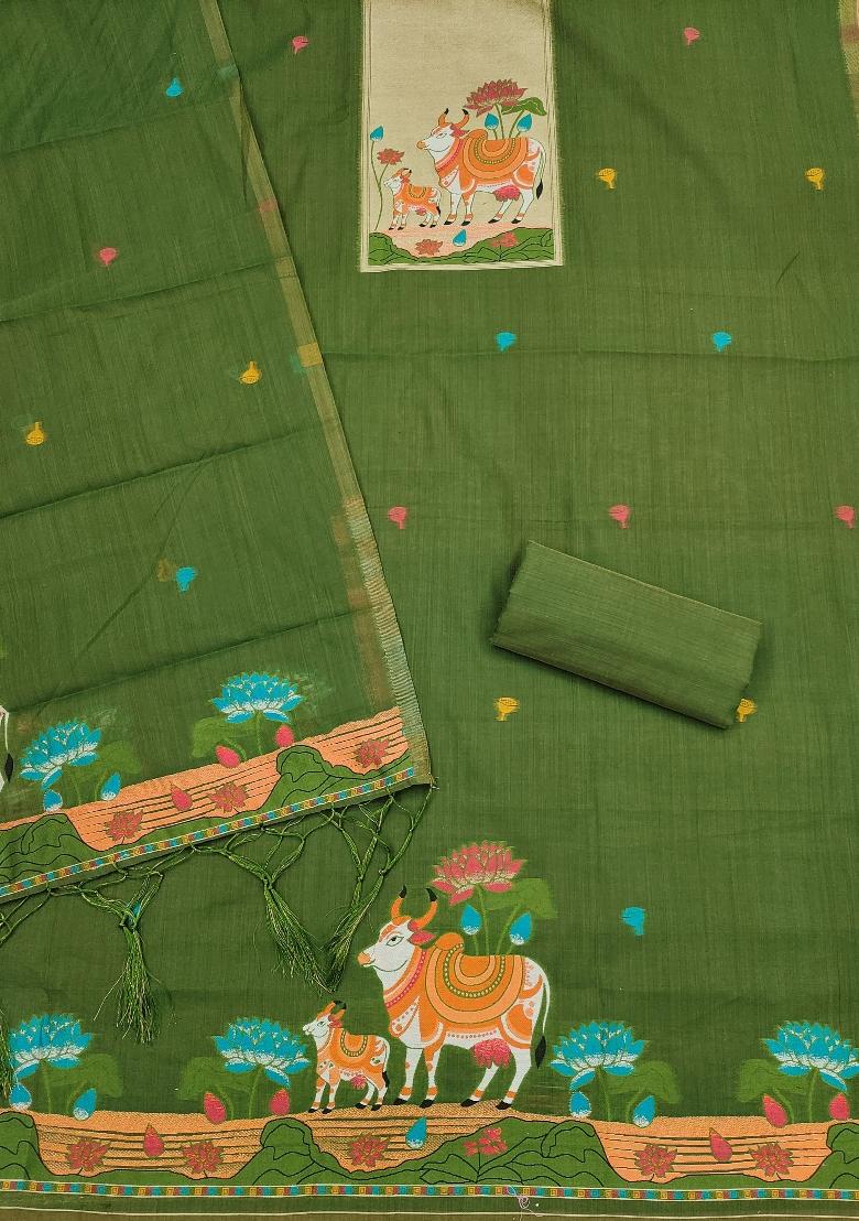 Mehendi Jamdani Cotton Kurta Set - Indya