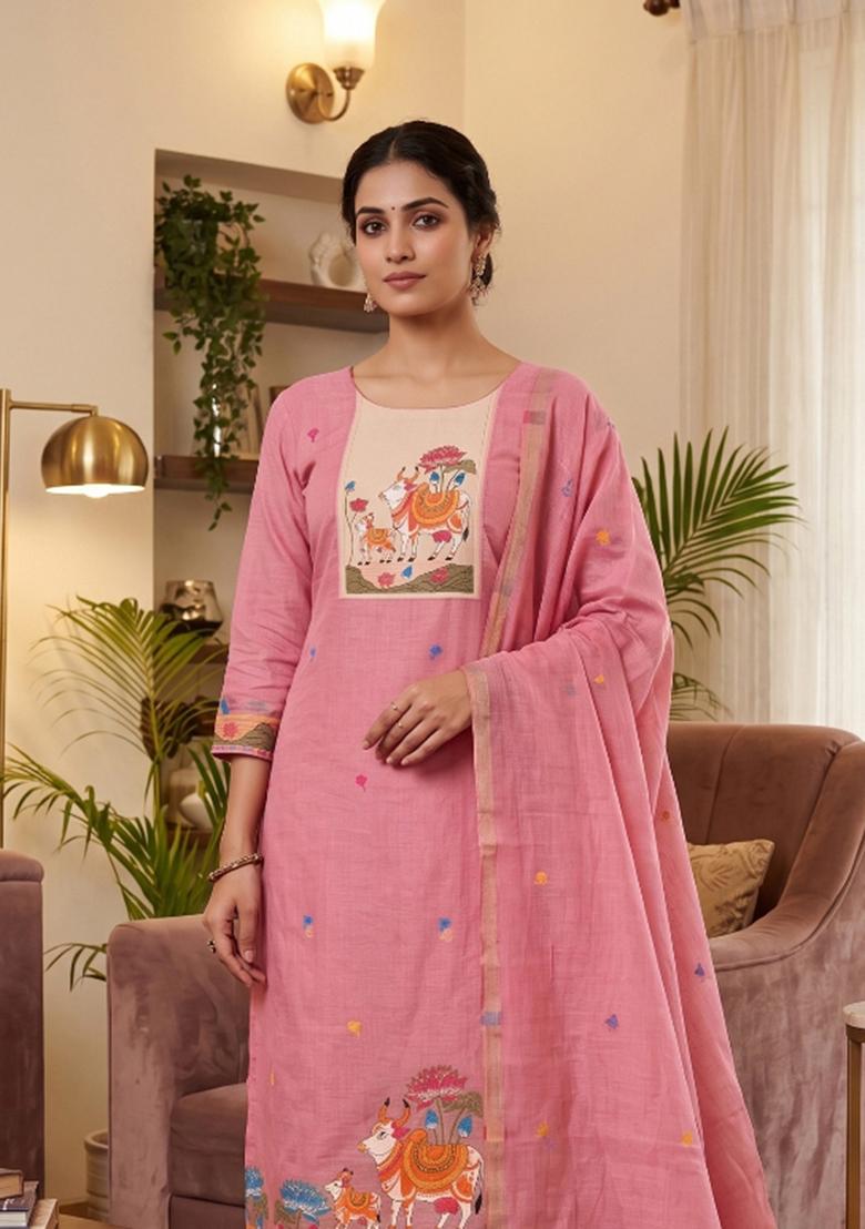Pink Jamdani Cotton Kurta Set - Indya