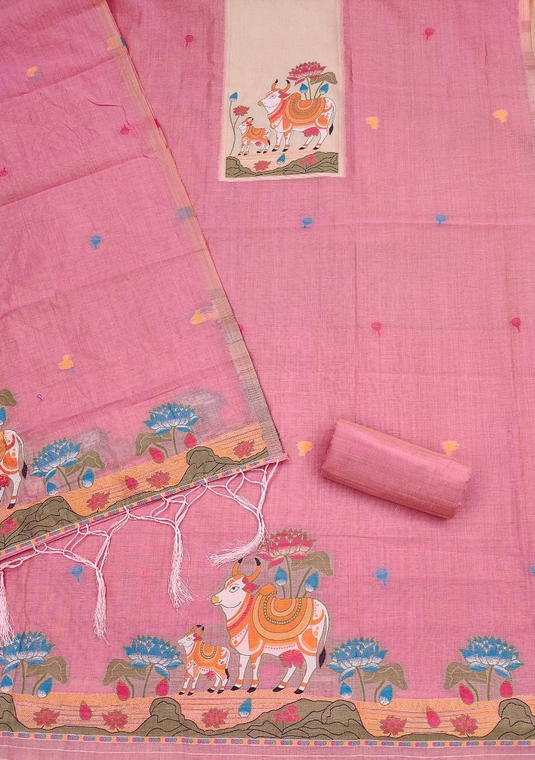 Pink Jamdani Cotton Kurta Set - Indya