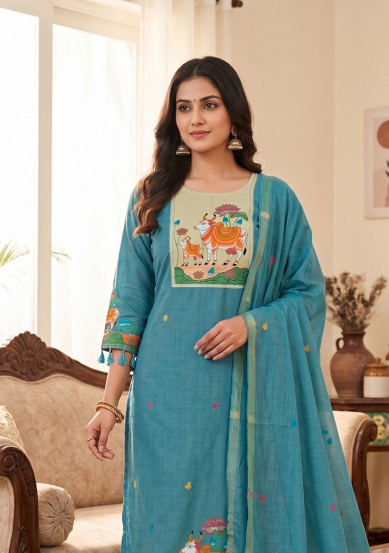 Sky Blue Jamdani Cotton Kurta Set - Indya