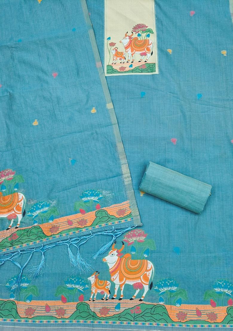 Sky Blue Jamdani Cotton Kurta Set - Indya