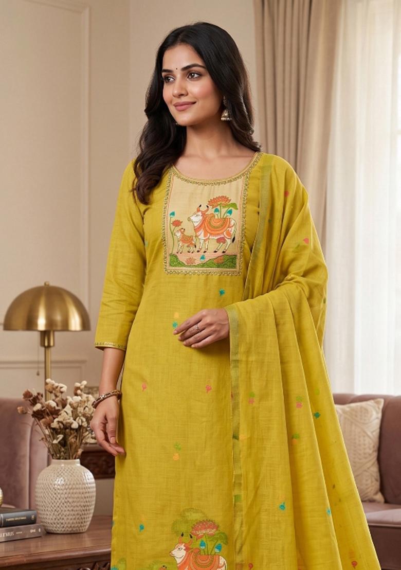 Yellow Jamdani Cotton Kurta Set - Indya