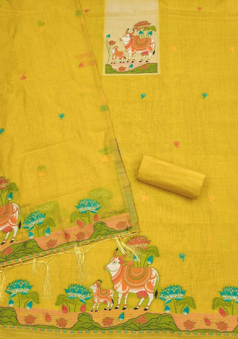 Yellow Jamdani Cotton Kurta Set - Indya