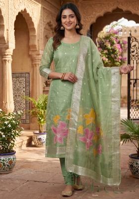 Green Zari Work Tissue Kurta Set