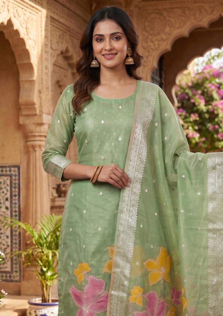 Green Zari Work Tissue Kurta Set - Indya