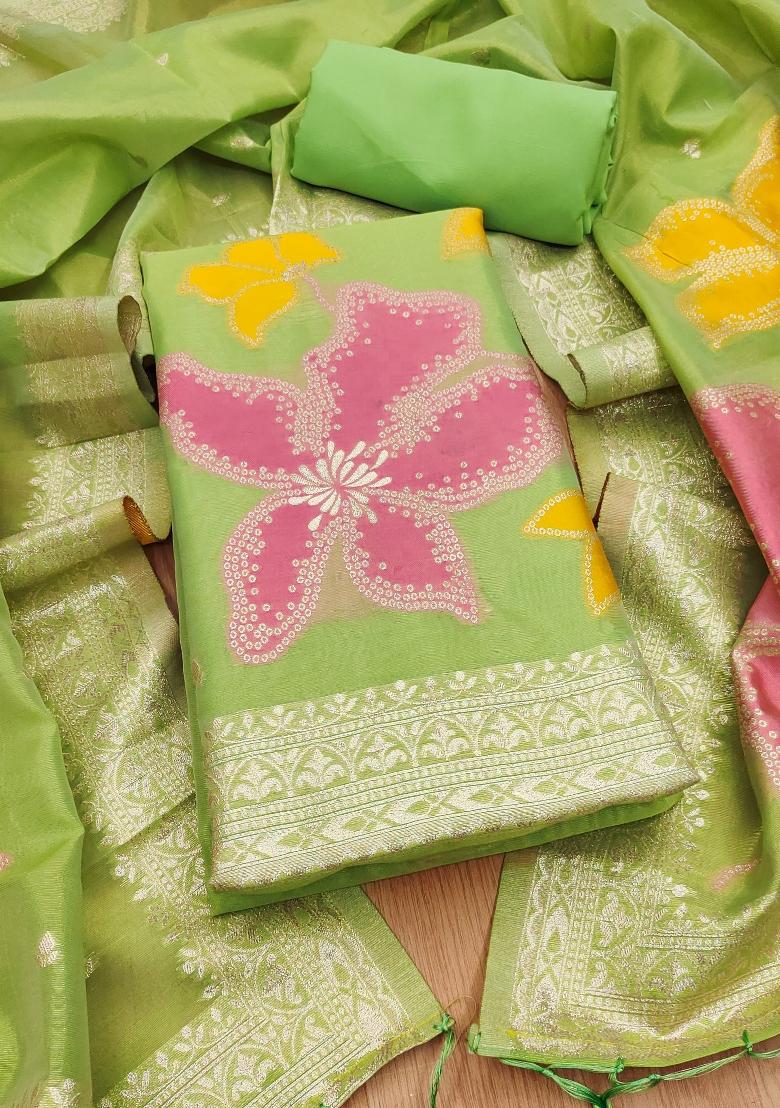 Green Zari Work Tissue Kurta Set - Indya