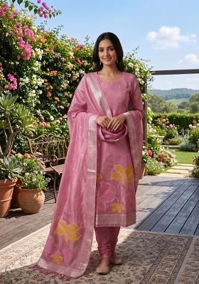 Pink Zari Work Tissue Kurta Set