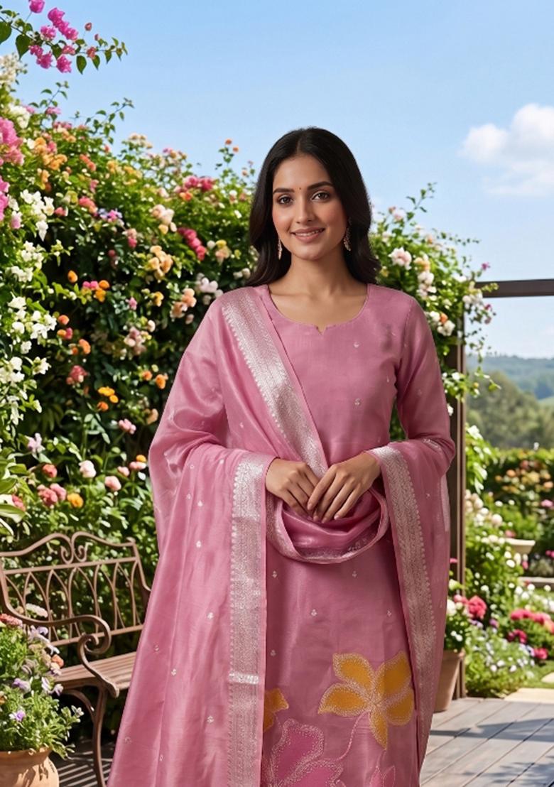 Pink Zari Work Tissue Kurta Set - Indya