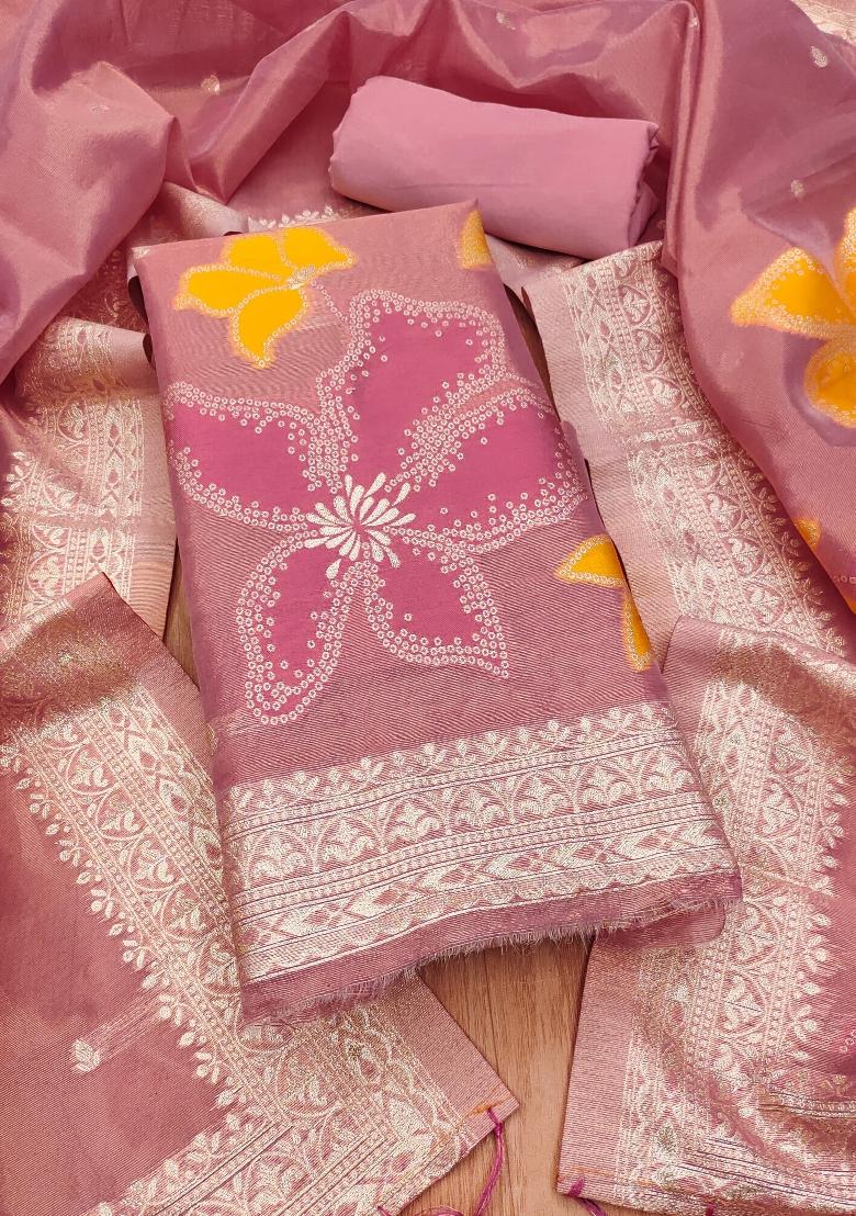Pink Zari Work Tissue Kurta Set - Indya