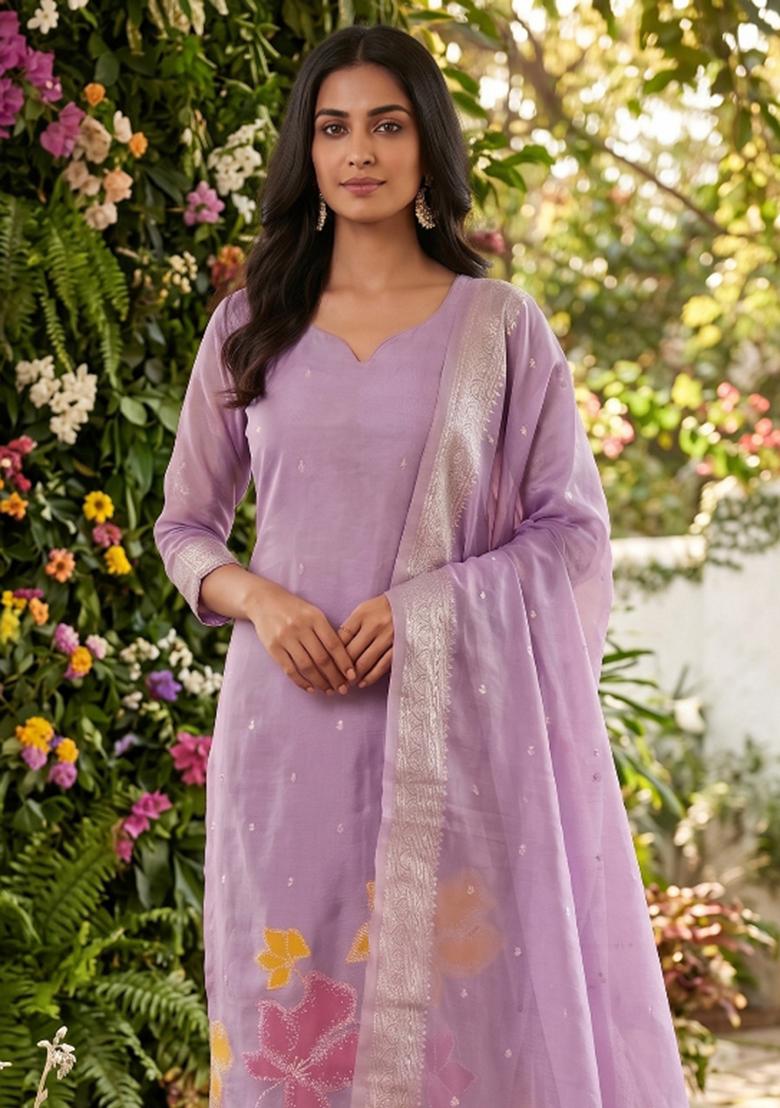 Purple Zari Work Tissue Kurta Set - Indya
