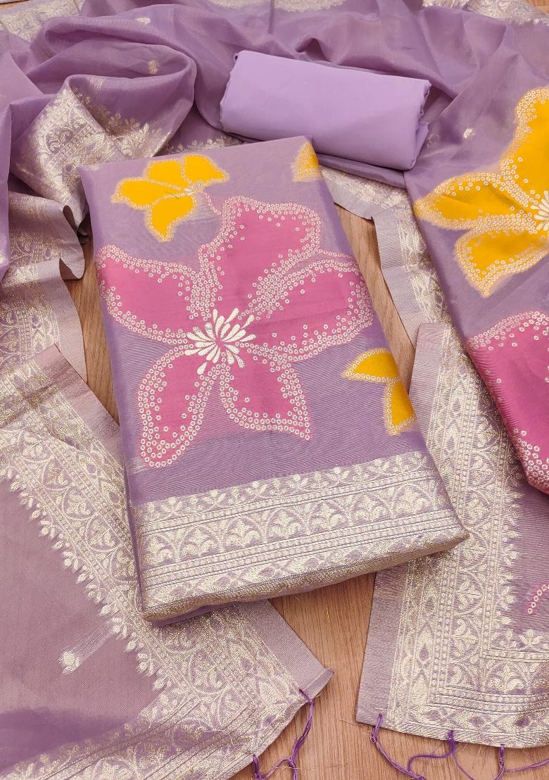 Purple Zari Work Tissue Kurta Set - Indya