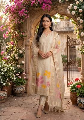White Zari Work Tissue Kurta Set