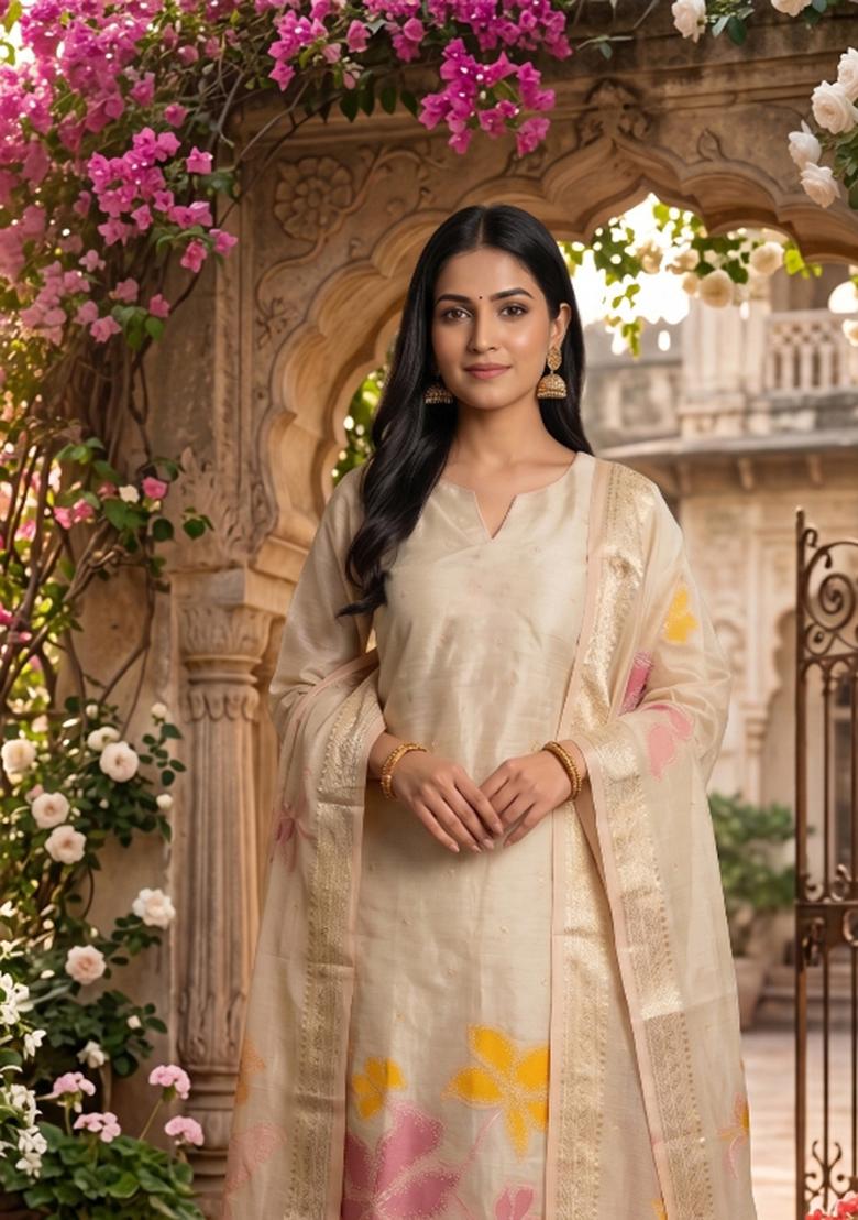 White Zari Work Tissue Kurta Set - Indya