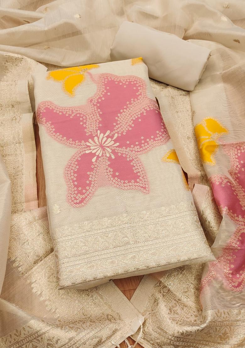 White Zari Work Tissue Kurta Set - Indya