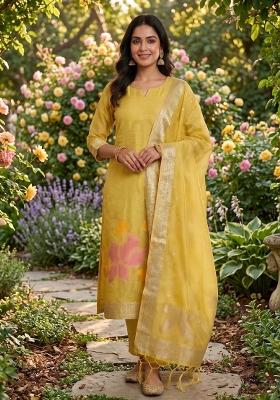 Yellow Zari Work Tissue Kurta Set