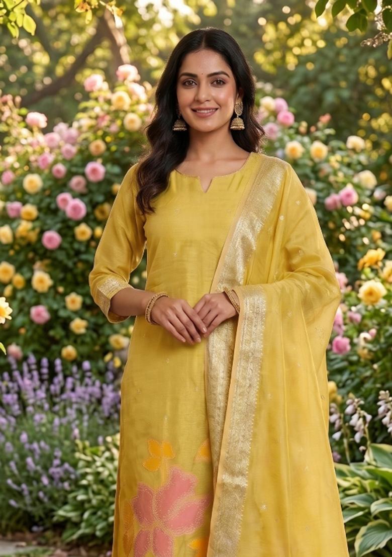 Yellow Zari Work Tissue Kurta Set - Indya