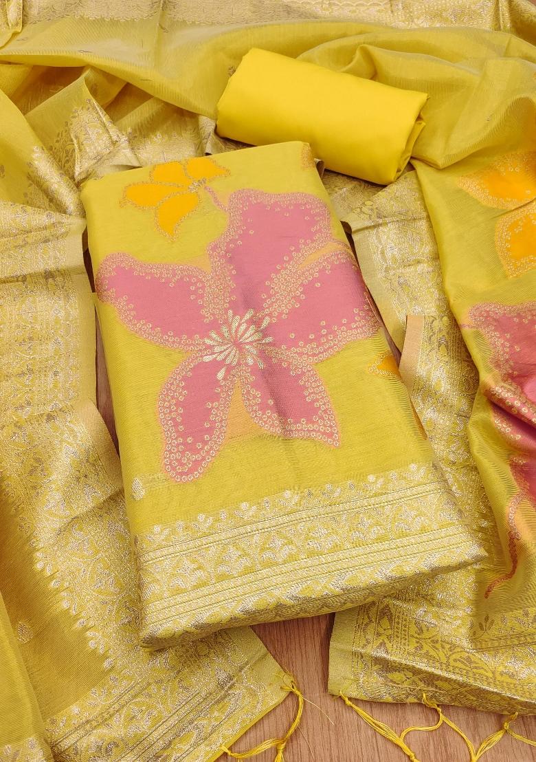 Yellow Zari Work Tissue Kurta Set - Indya