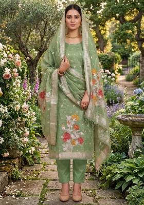 Green Zari Work Tissue Kurta Set