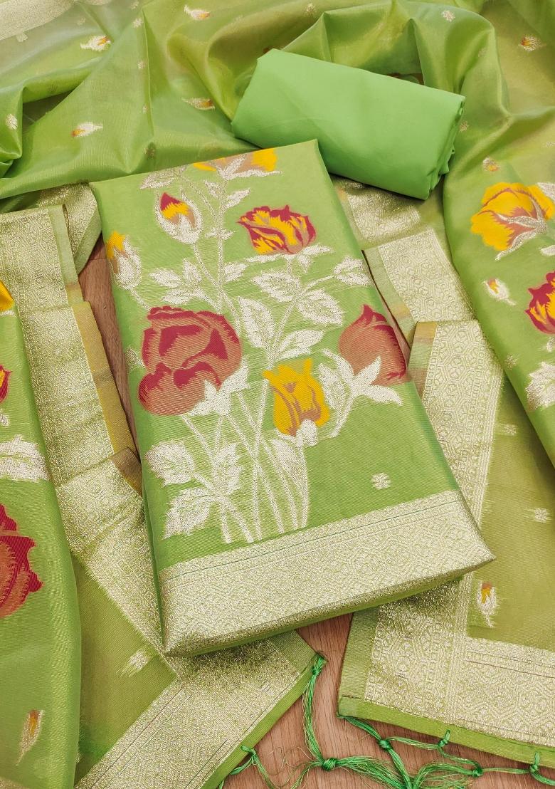 Green Zari Work Tissue Kurta Set - Indya