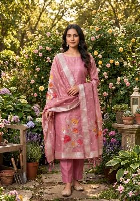 Pink Zari Work Tissue Kurta Set