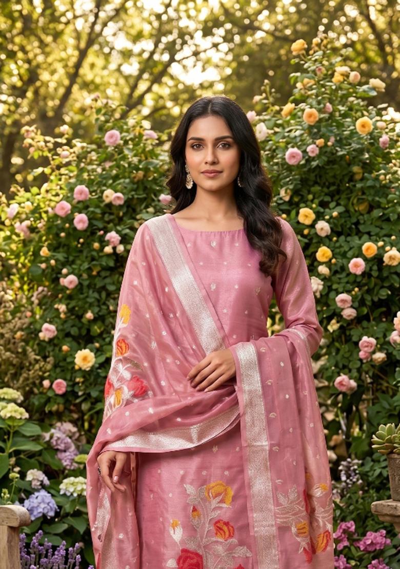 Pink Zari Work Tissue Kurta Set - Indya