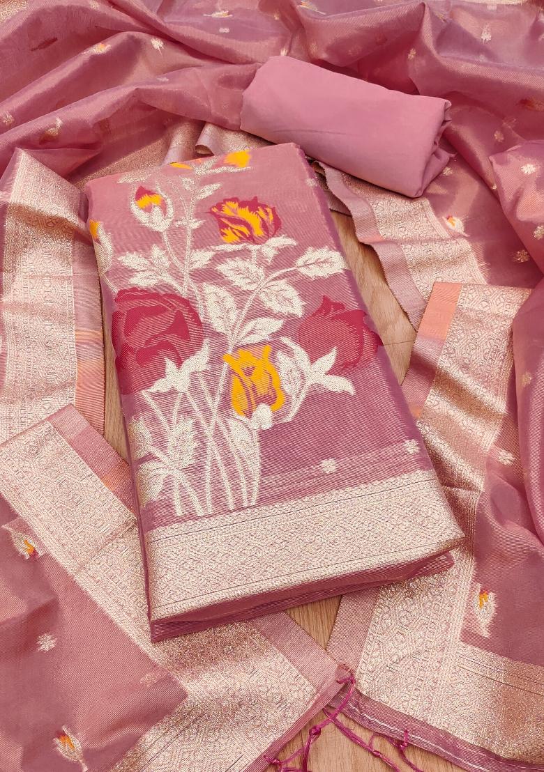 Pink Zari Work Tissue Kurta Set - Indya