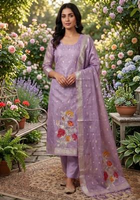 Purple Zari Work Tissue Kurta Set