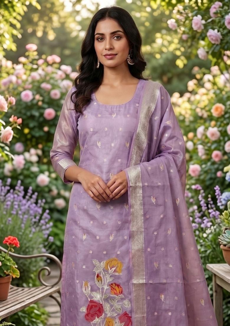 Purple Zari Work Tissue Kurta Set - Indya