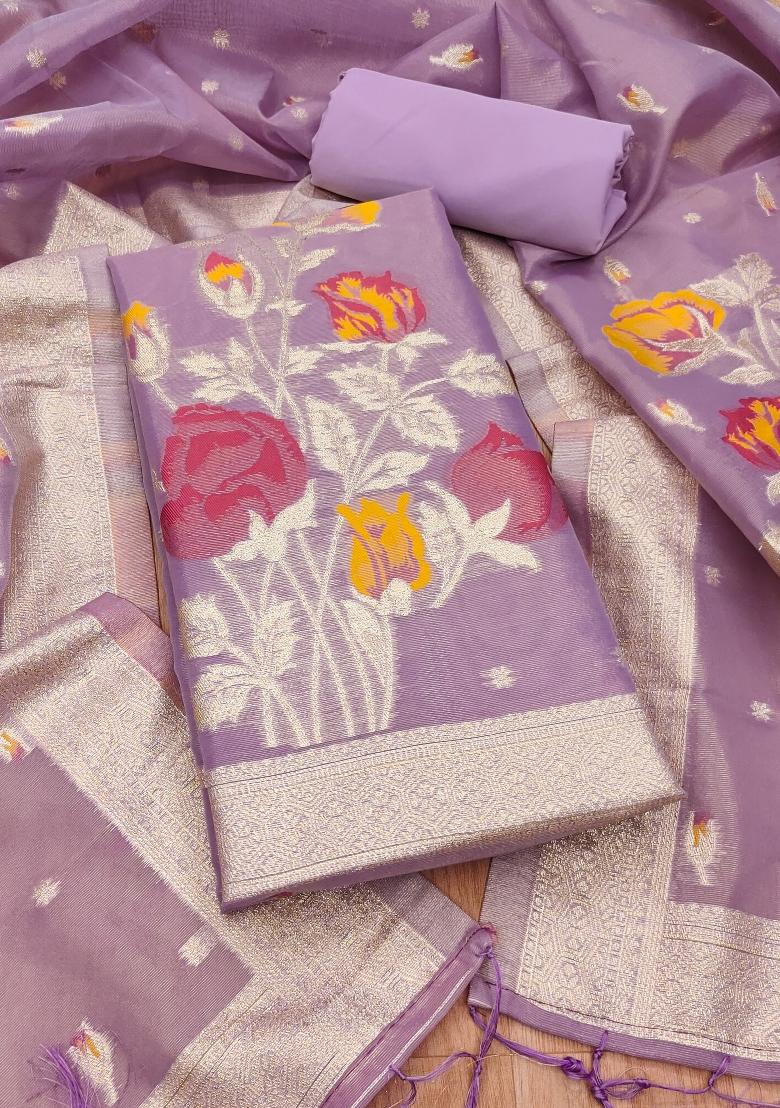 Purple Zari Work Tissue Kurta Set - Indya