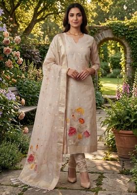 White Zari Work Tissue Kurta Set