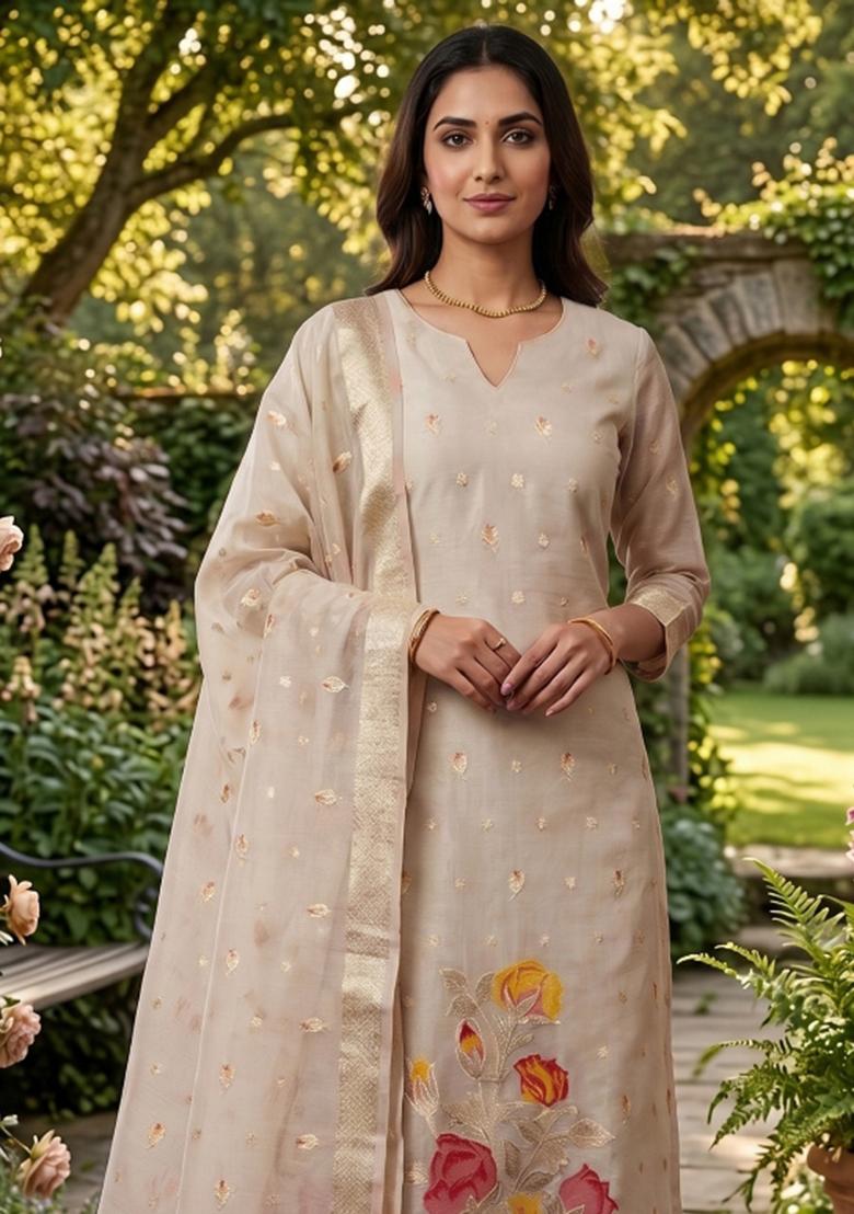 White Zari Work Tissue Kurta Set - Indya