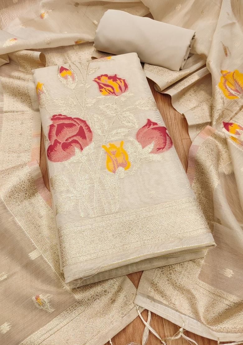 White Zari Work Tissue Kurta Set - Indya