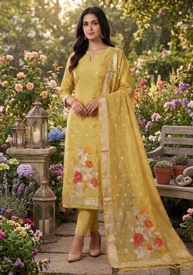 Yellow Zari Work Tissue Kurta Set