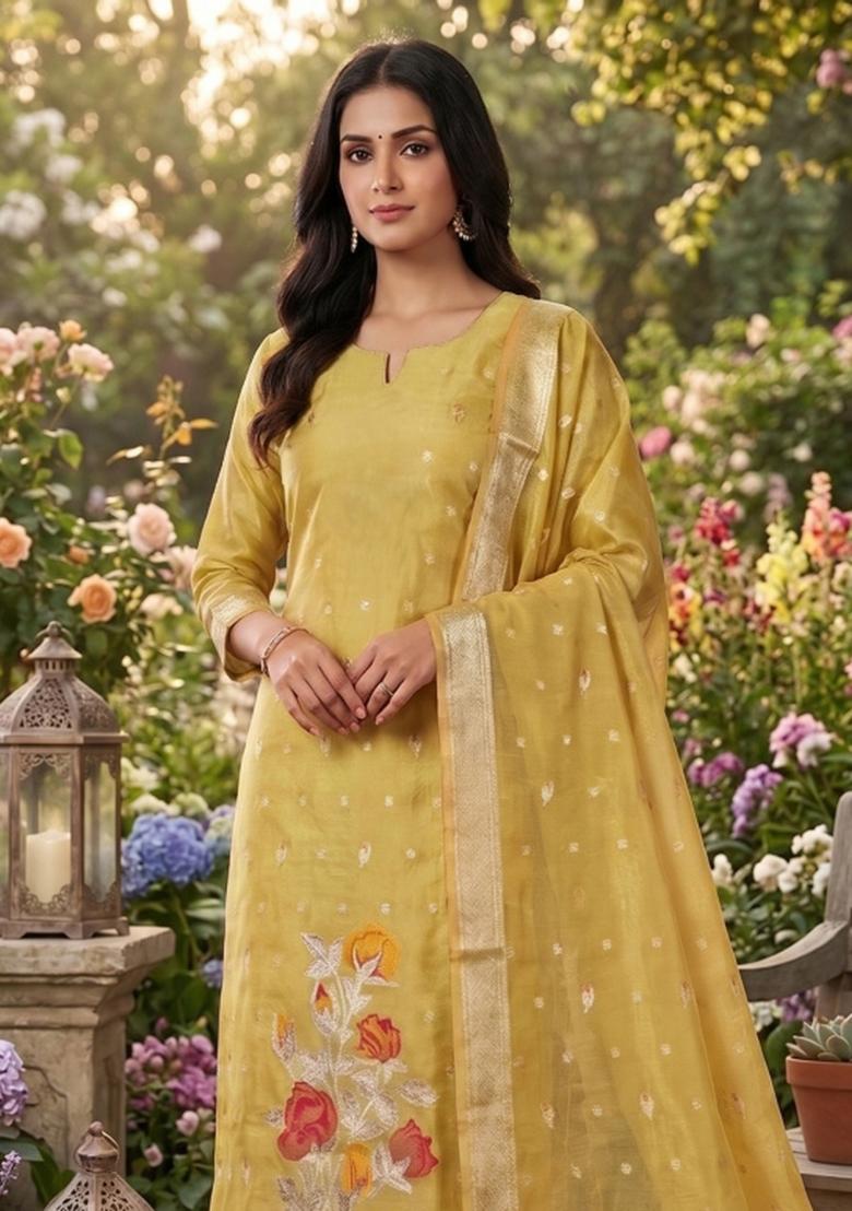 Yellow Zari Work Tissue Kurta Set - Indya