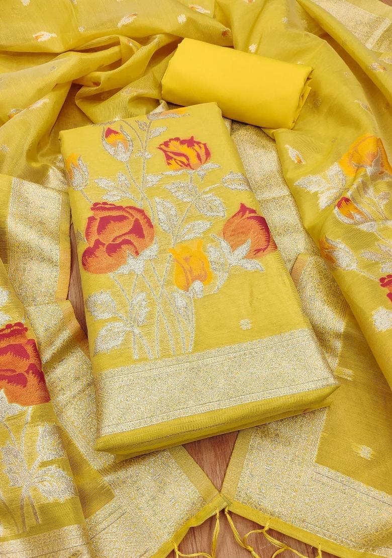 Yellow Zari Work Tissue Kurta Set - Indya