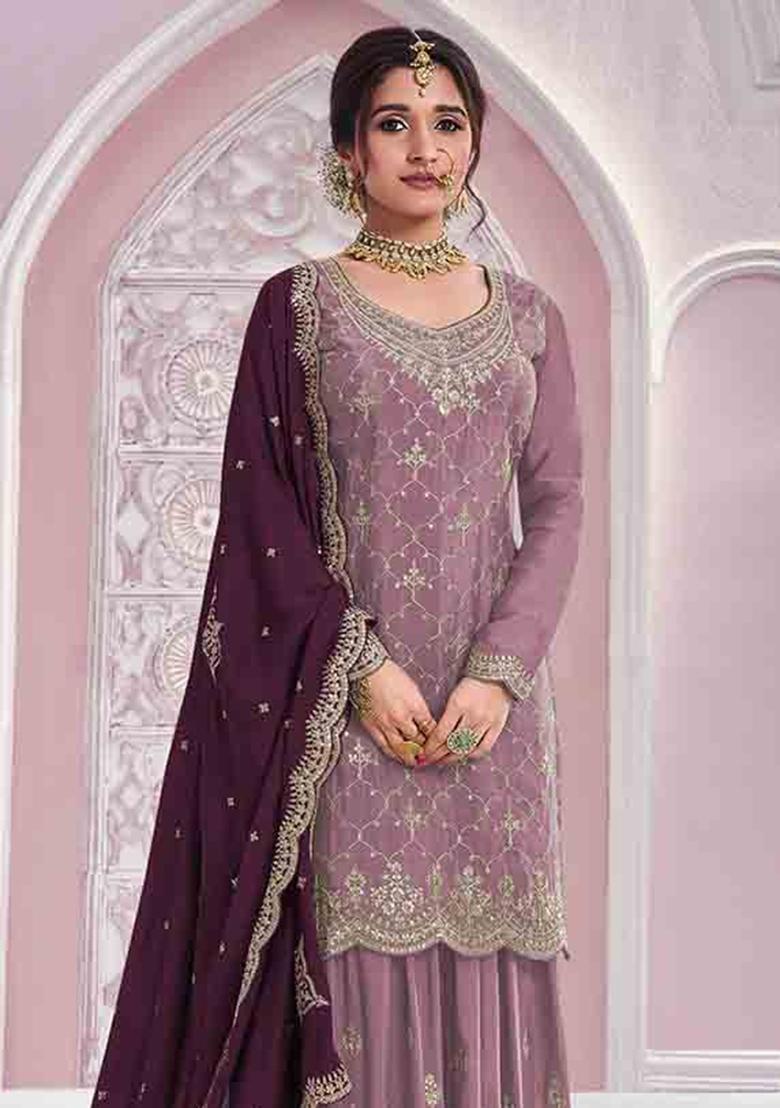 Purple Embroidered Silk Blend Kurta Set - Indya