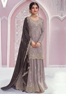 Grey Embroidered Silk Blend Kurta Set