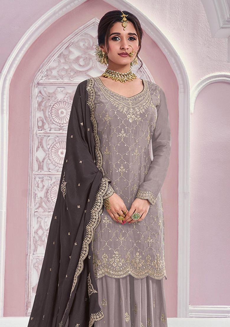 Grey Embroidered Silk Blend Kurta Set - Indya