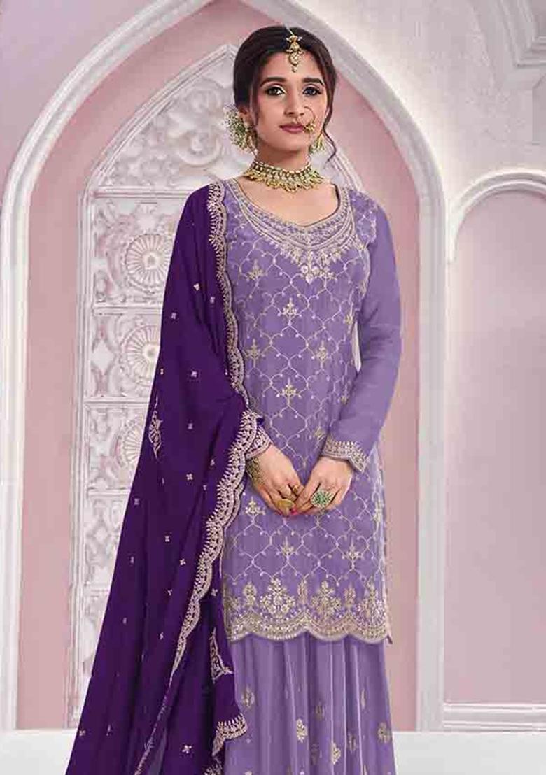 Lavender Embroidered Silk Blend Kurta Set - Indya