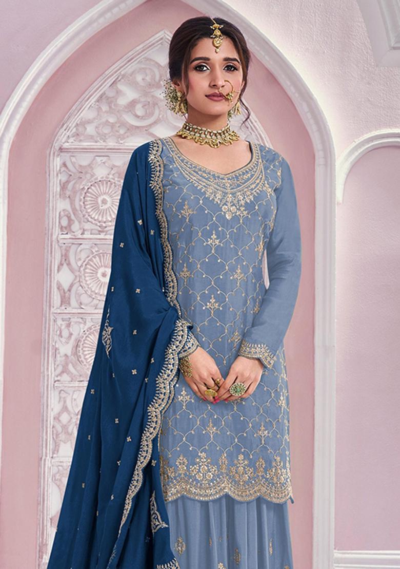 Blue Embroidered Silk Blend Kurta Set - Indya