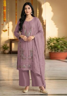 Purple Embroidered Chiffon Kurta Set