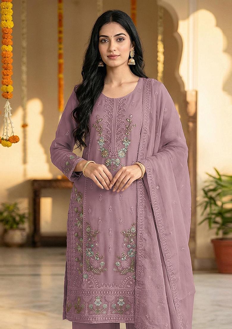 Purple Embroidered Chiffon Kurta Set - Indya